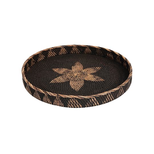 Decorative Hand-Woven Rattan Tray With Flower Design